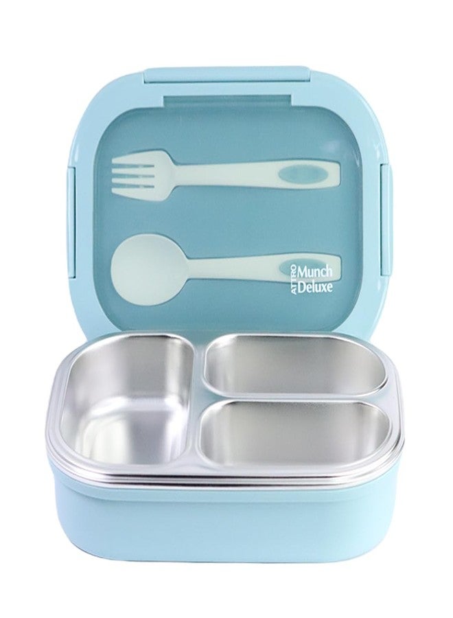 Attro Munch Deluxe Insulated Lunch Box with 3 Compartments 2 Spoons & Stylish Lid Made with Heavy Outer Platic Material Bpa Free Inner with Steel,Perfect for School,Office-Lake Blue - 750 Ml - Image 1